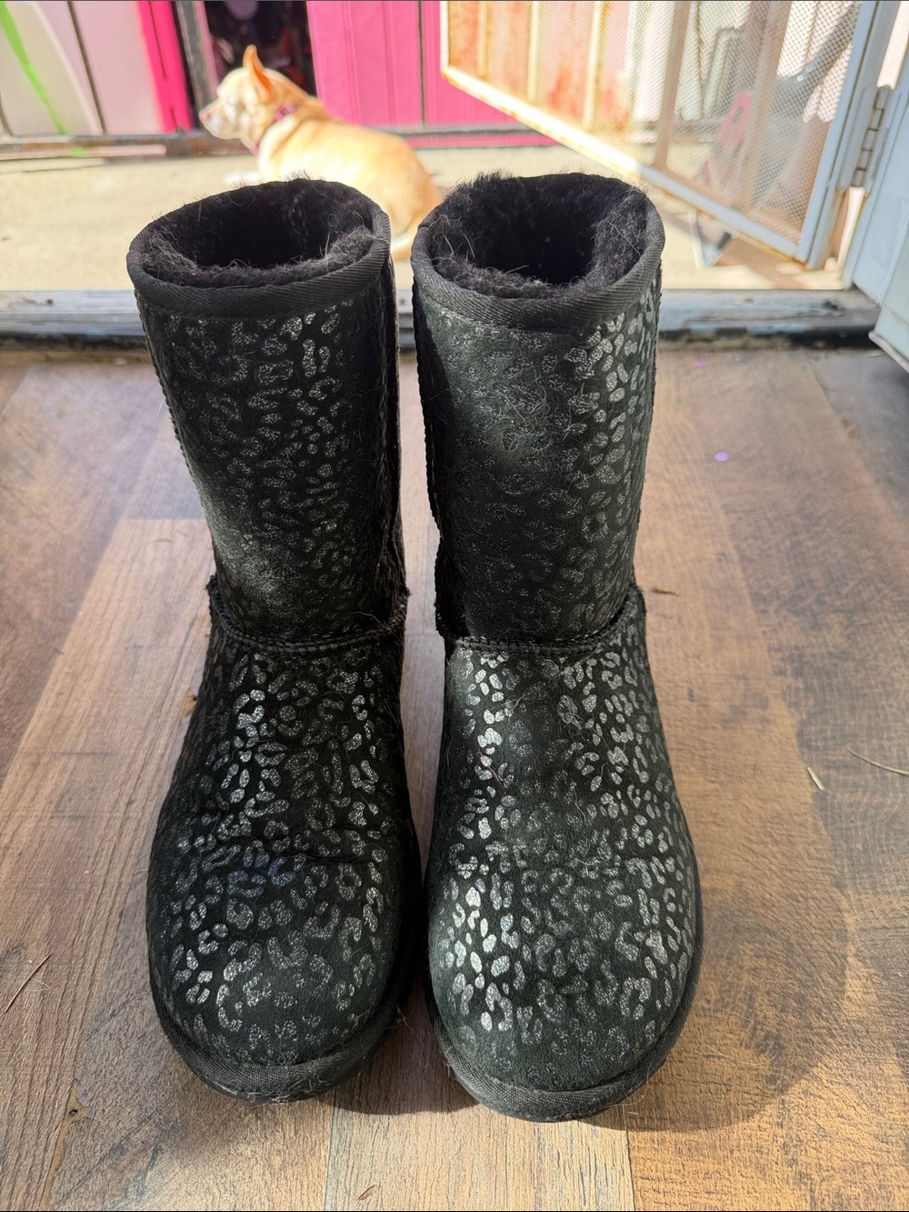 UGG Black Sparkle Leopard Short Winter Boots